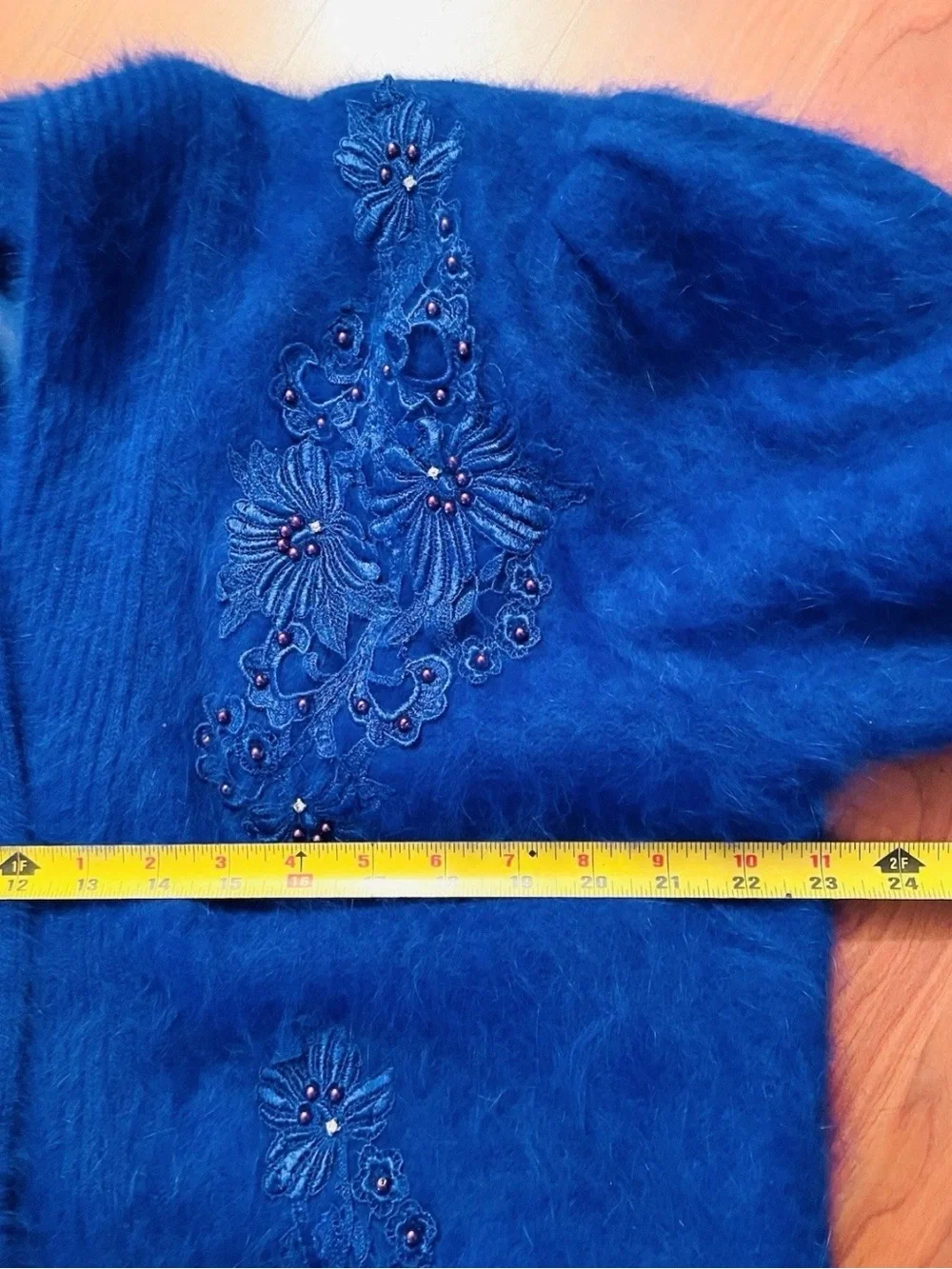 VTG 80% Angora Royal Blue Cardigan Sweater Jacket Beaded 80s Korea Puff Slv XL